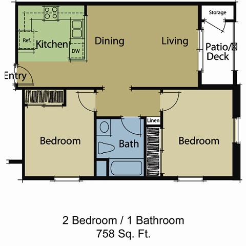 Floor plan for 2 beds, 1 bath, 807 sqft
